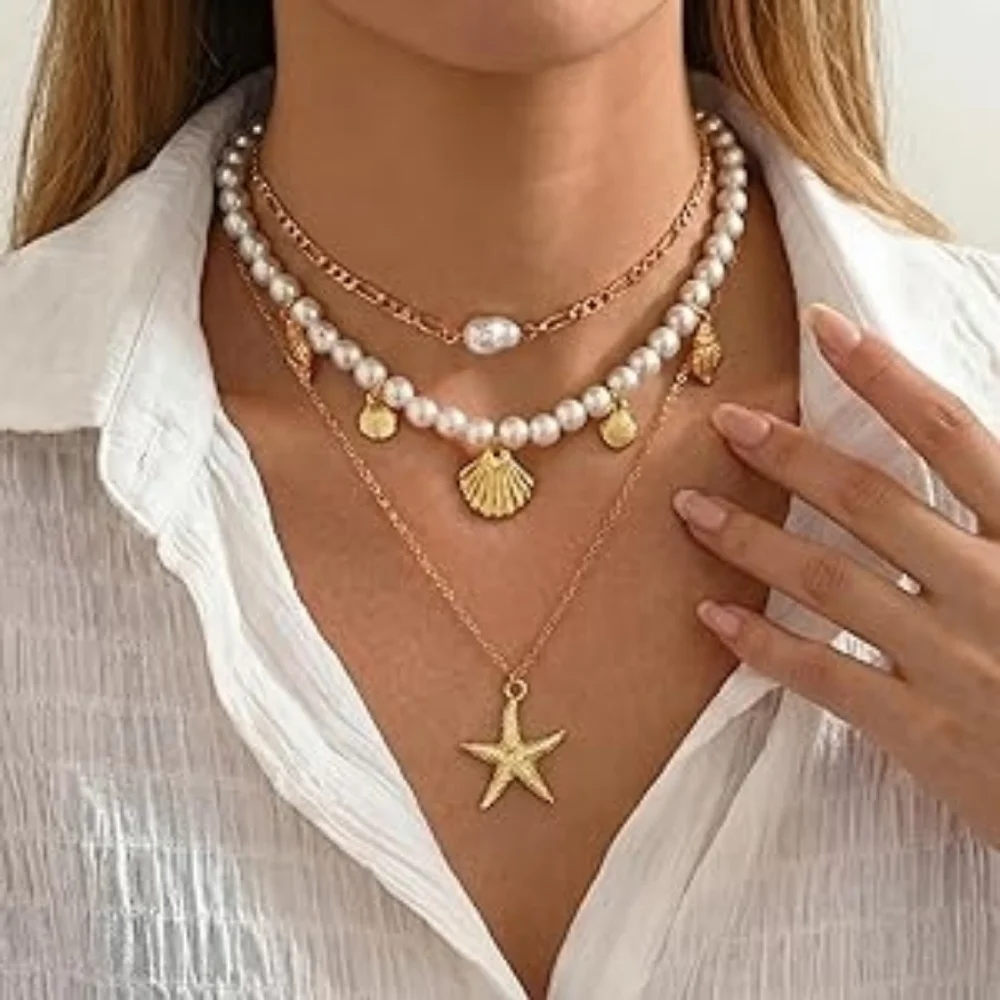 Gold Plated Boho Layered Pearl Conch Shell Starfish Necklace